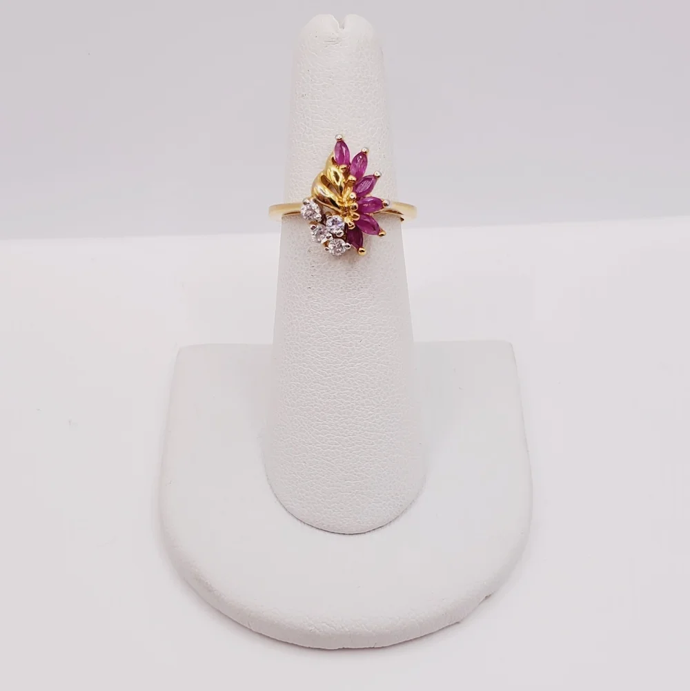 Genuine Marquise Pink Ruby - Simulated Diamonds - 18k Yellow Gold Plated Ring